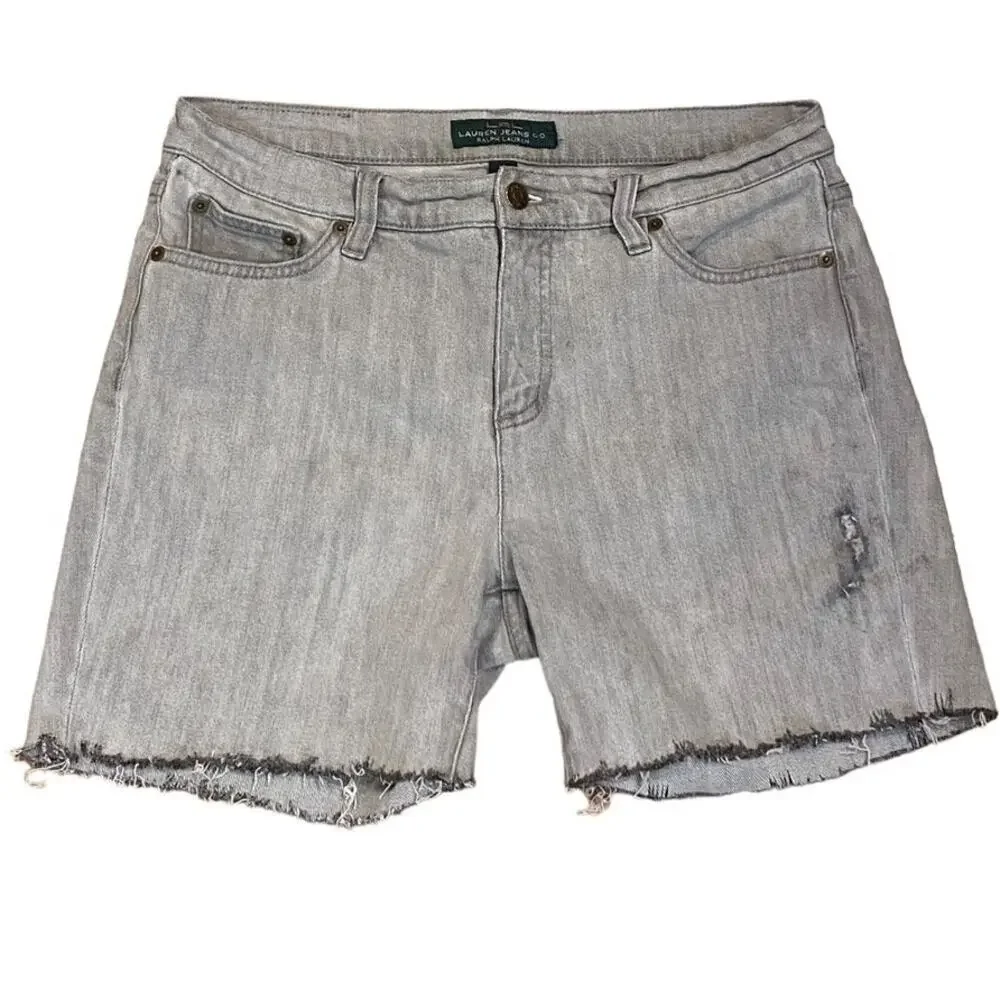 RALPH LAUREN Gray Cut Off Denim Jean Frayed Edge Hem Distressed Shorts ~ Size 10
